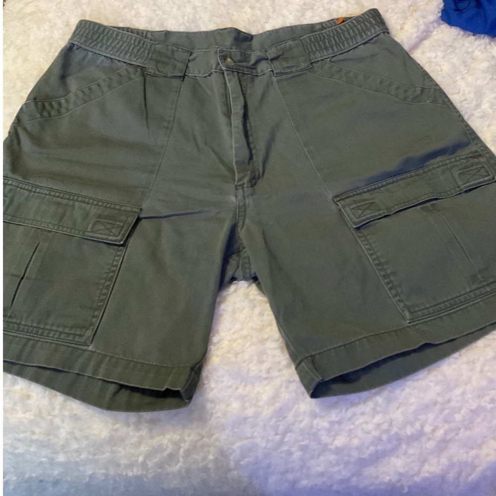 Mens Olive Green Cargo Shorts 100% Cotton Elastic Waist Utility Pockets W36